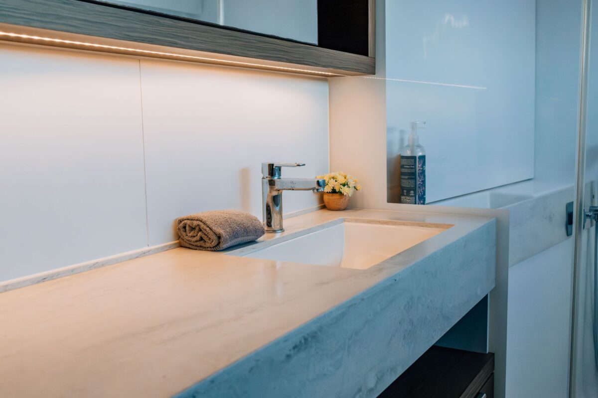 Private ensuite bathroom aboard a luxury catamaran charter