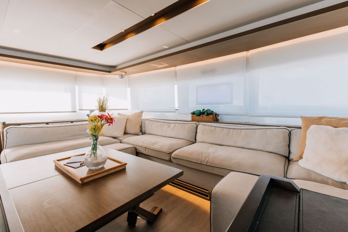 Salon lounge aboard a private luxury catamaran charter