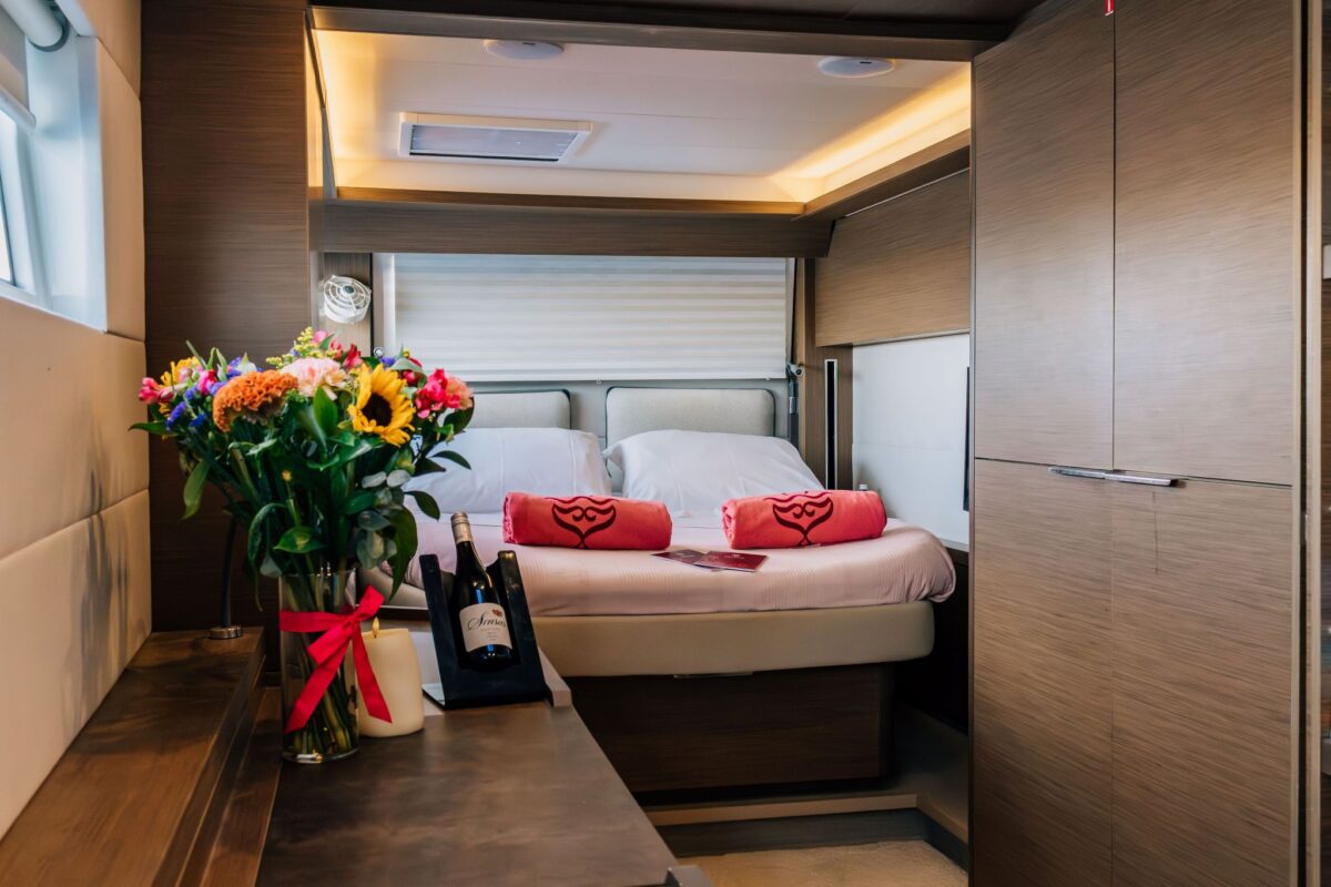 Private cabin aboard a catamaran charter decorated for a special occasion